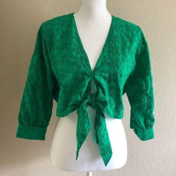 Zara Knotted Embroidery Green Top Small - Picture 6 of 10